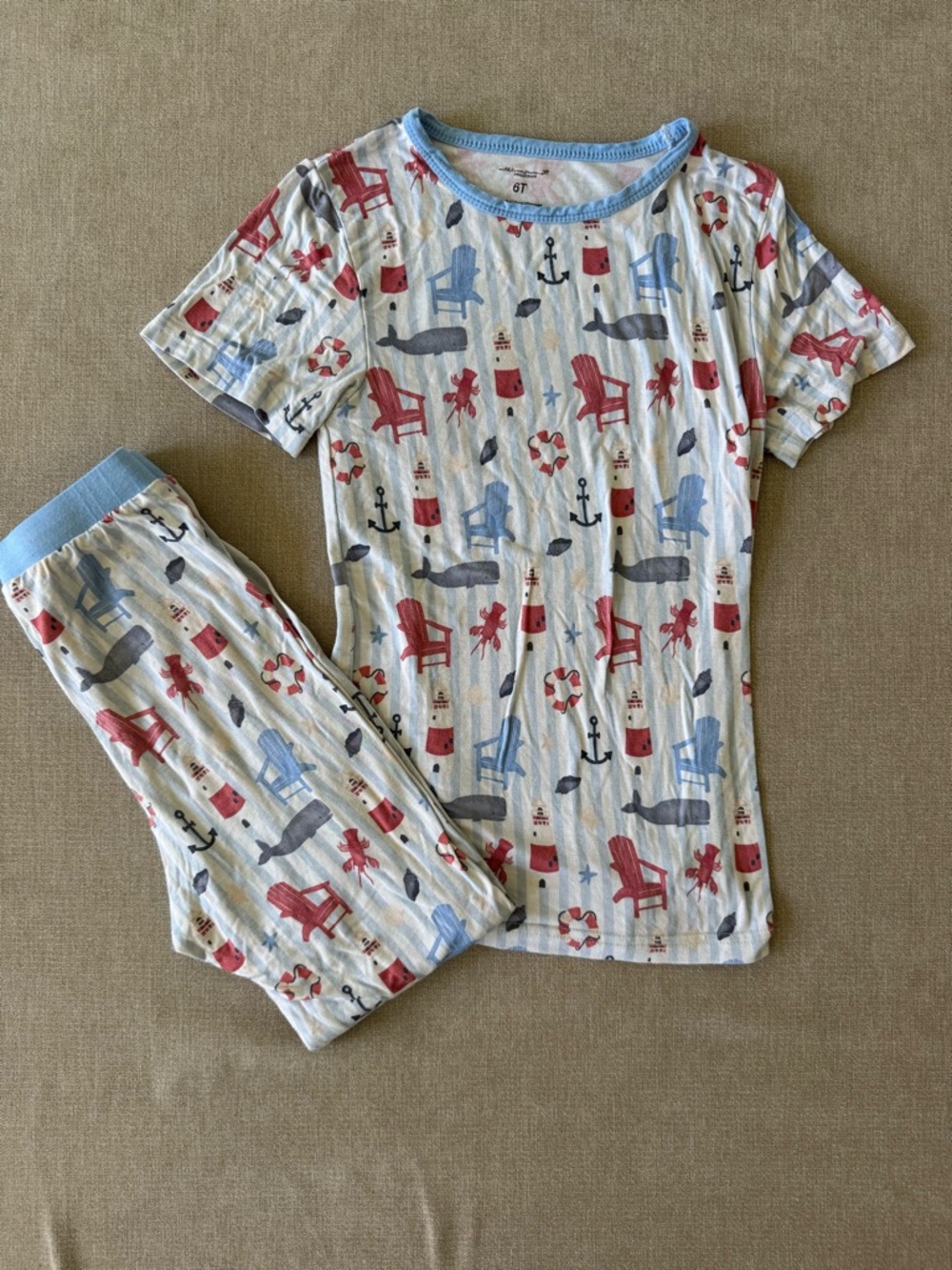Nautical Print Kids Bamboo Pajama Set - Cream with Blue & Red